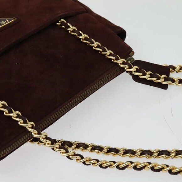 PRADA Chain Shoulder Bag Suede Brown Gold Auth - Picture 10 of 16